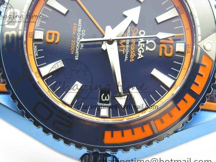 1219 Unique Planet Ocean 45mm GMT Blue DLC Black OMF Best Edition Blue Dial On Blue Gummy Strap A 8123